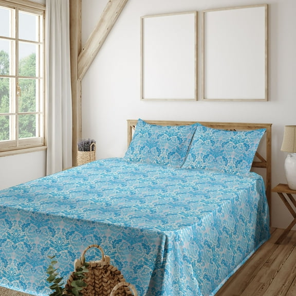 Ambesonne Boho Art Fitted & Flat Sheet with Shams 4 Pcs Set, Oceanic Vintage Damask, King, Deep Sky Blue Pale Grey