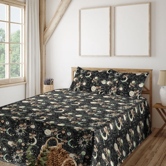 Ambesonne Boho Art Fitted & Flat Sheet with Sham 3 Pcs Set, Space Sun and Moon Motif, Twin XL, Green Peach and Black