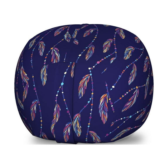 Boho Art Storage Toy Bag Chair, Vertically Arranged Strips and Colorful Feathers Tribal Bohemian Details, Stuffed Animal Organizer Washable Bag, Large Size, Indigo Multicolor, by Ambesonne