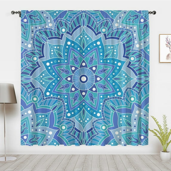 Boho Art Style Window Curtains, Vintage Abstract Blue Mandala Flower Window Treatment Blackout Curtain Bedroom Living Room Privacy Decor(Rod Pocket)