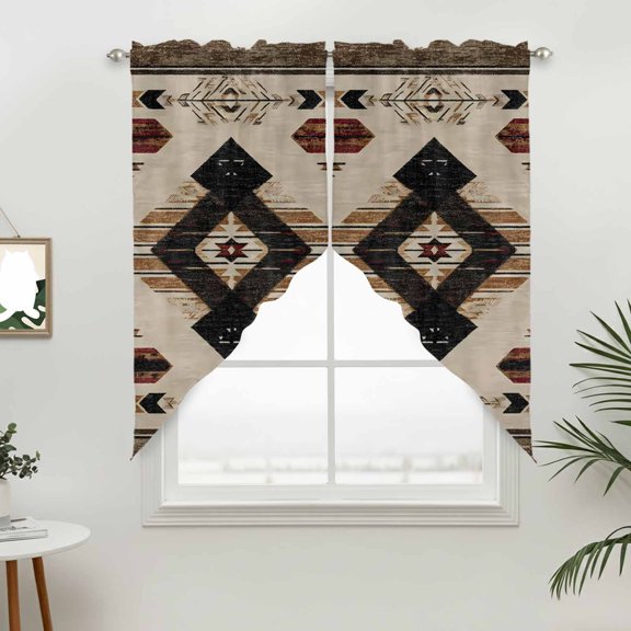 Boho Art Swag Valances for Windows, Rustic Tribal Arrows Native Brown Rod Pocket Short Curtains, Machine Washable Kitchen Window Topper for Bathroom Living Room, 28 x 36 Inch, 1 Pair