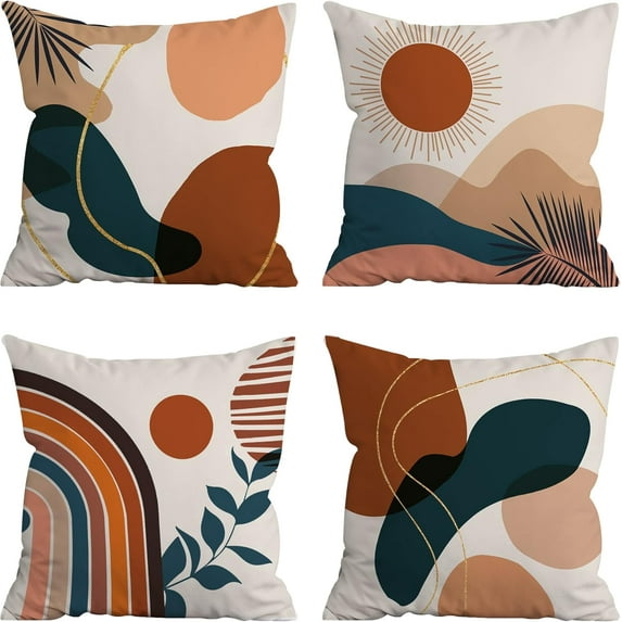 Boho Article Pillow Covers 18x18 Inch Set of 4, Farmhouse Brown Blue Orange Decor Pillows Decorative Pillow Covers for Couch Sofa Indoor Outdoor