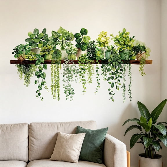 Boho Artificial Green Plant Wall Stickers - 2 Pack Hanging Vine Shelf Decals, Self-Adhesive Removable Botanical Wall Decor for Living Room Bedroom