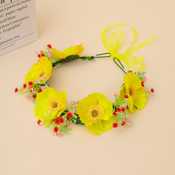 Boho Artificial Poppy Flower Crown with Baby's Breath - Adjustable Ribbon Floral Headband for Wedding, Festival, Beach Party