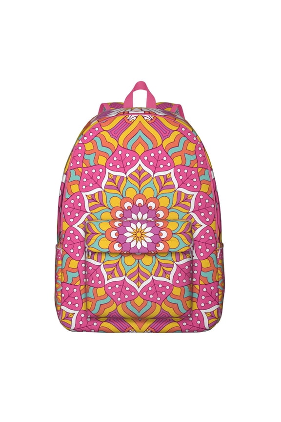 Artistic Mandala Canvas School Backpack, Ethnic Trippy Geometric Pattern Daypack with Vintage Psychedelic Design for Women