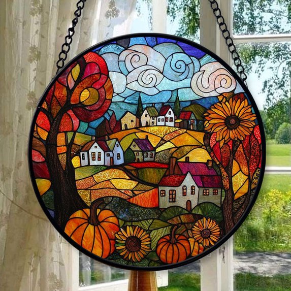 Boho Autumn Harvest Village Stained Glass Suncatcher Window Hangings, Suncatchers Colorful Glass Panel Sun Catchers Gifts, Decoration for Home Garden Christmas Party Wedding,