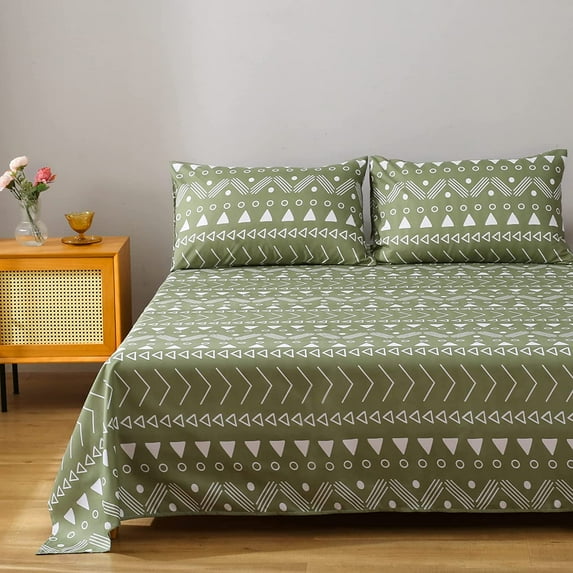 Boho Aztec Bed Sheet Set King Size,Bohemian Geometric Stripe Bedding Sets for Kids Teens Adults, Simple Bedding Sheets Soft Microfiber 4 Piece Bedding Decor Set for Bedroom Sage Green