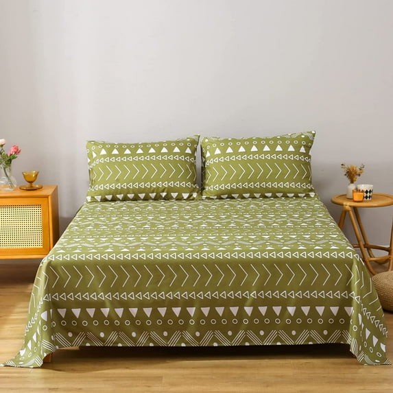 Boho Aztec Bed Sheet Set King Size,Bohemian Geometric Stripe Bedding Sets for Kids Teens Adults, Simple Bedding Sheets Soft Microfiber 4 Piece Bedding Decor Set for Bedroom Olive Green