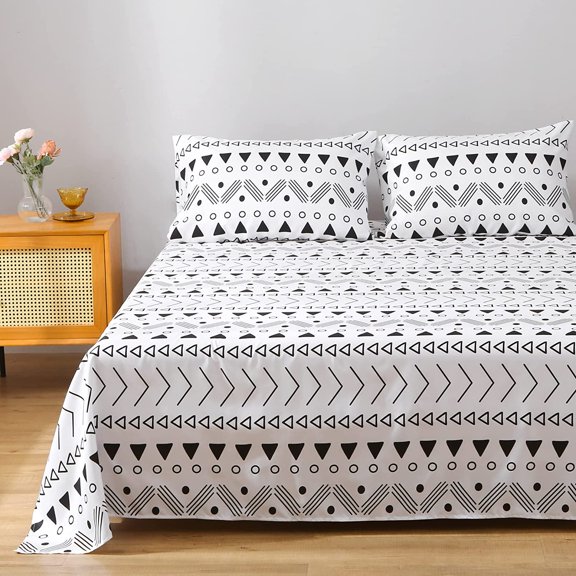 Boho Aztec Bed Sheet Set Queen for Men Women Black and White Geometric Arrow Printed Bedding Sets,Bohemian Striped Ethnic Retro Boho Southwestern Bedding Sheet