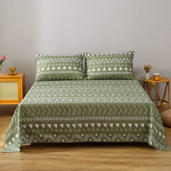 Boho Aztec Bed Sheet Set Queen for Men Women Sage Green and White Geometric Arrow Printed Bedding Sets,Bohemian Striped Ethnic Retro Boho Southwestern Bedding Sheet