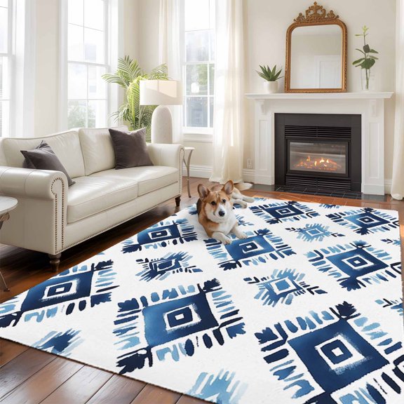 Boho Aztec Blue Area Rug 5x8 FT, Non Slip Bedroom Throw Carpet, Southwest Geometric Abstract Tribal Washable Soft Floor Carpet Non-Shedding Rug for Living Room Nursery Dorm Office