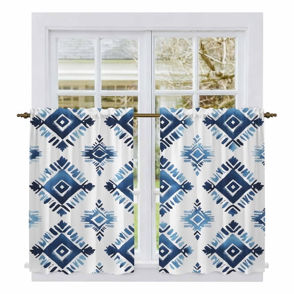 Boho Aztec Blue Kitchen Curtains, Southwest Geometric Abstract Tribal Light Filtering Window Curtain Panels, 2Pcs Rod Pocket Window Treatments Set for RV Dining Room Study Room 42x54 Inches