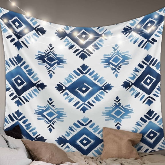 Boho Aztec Blue Large Tapestry for Bedroom Wall Hanging Tapestry, Southwest Geometric Abstract Tribal Ceiling Backdrop Tapestries Poster Blanket Wall Decor for Teens Room Living Room Dorm 85" x 90"