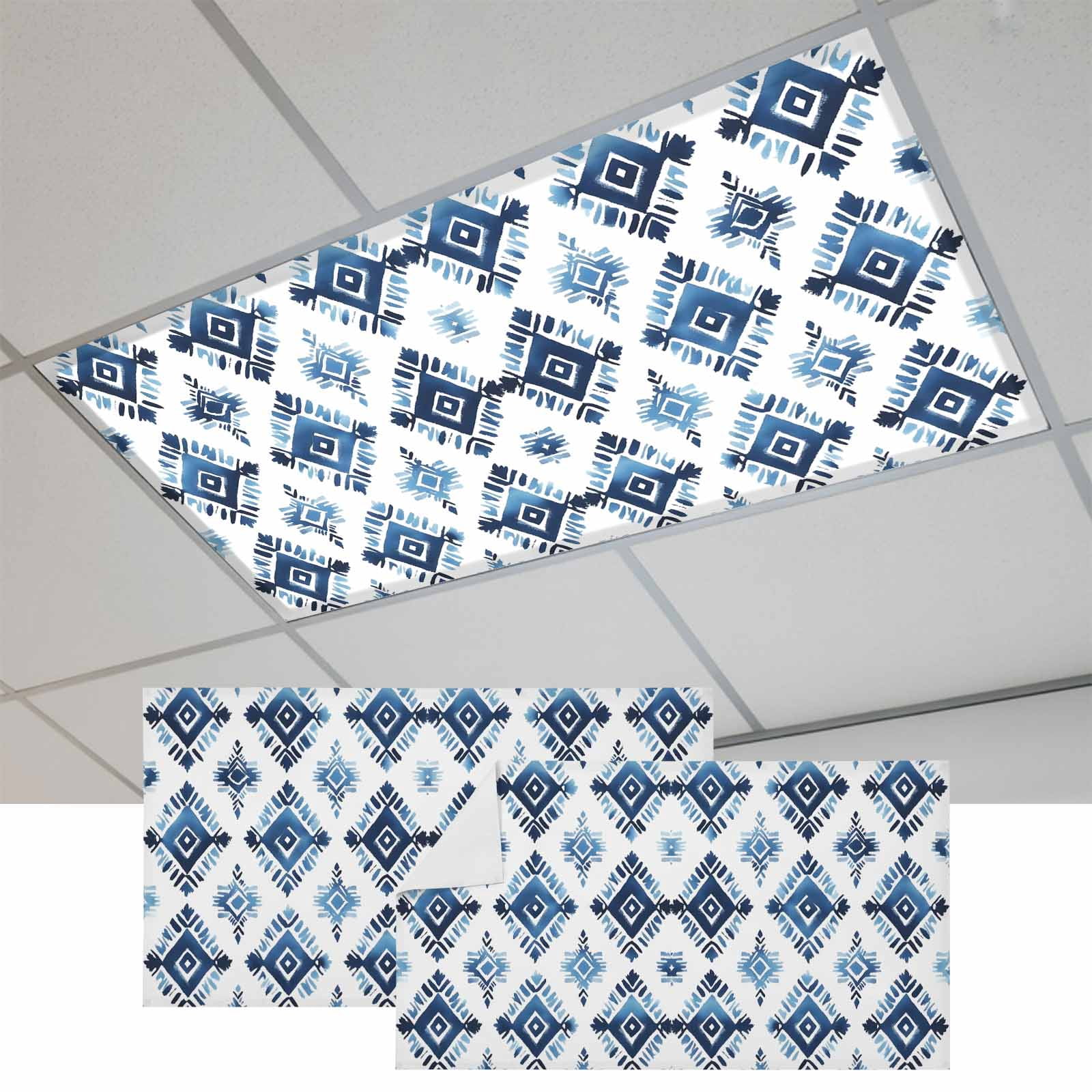 Boho Aztec Blue Magnetic Fluorescent Light Covers for Ceiling Lights ...