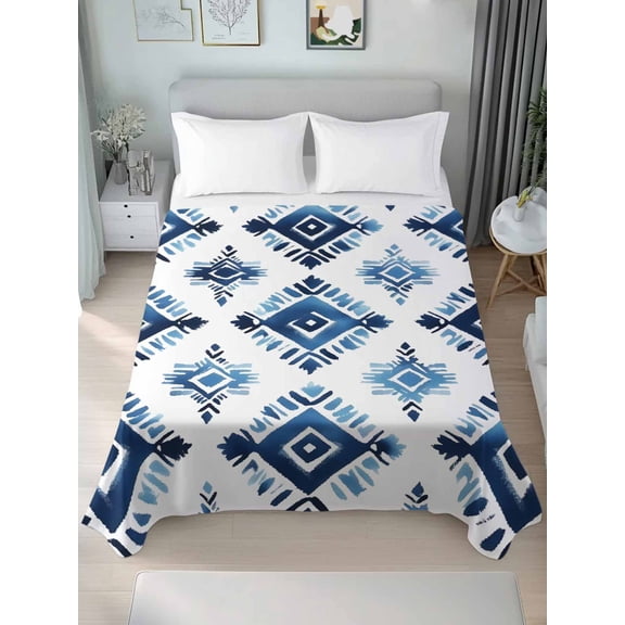 Boho Aztec Blue Queen Size Flat Sheet, Wrinkleproof & Fadeproof Cooling Flat Bed Sheet Only, Southwest Geometric Abstract Tribal Breathable Soft Bedding Top Sheets 90 x 102 Inches