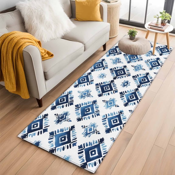 Boho Aztec Blue Runner Rug 2x6 FT,Non Slip Hallway Rugs,Southwest Geometric Abstract Tribal Washable Soft Floor Carpet Throw Runner Carpet Long Rugs for Entryway Kitchen Bedside Sliding Door