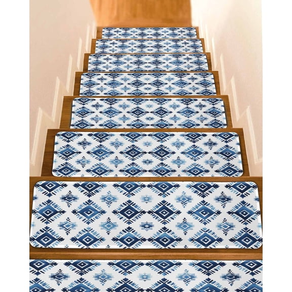 Boho Aztec Blue Stair Treads for Wooden Steps Indoor Runner Rug Carpet, Southwest Geometric Abstract Tribal 4 Pieces Peel and Stick Staircase Step Treads Covers Washable Throw Door Mats, 30"x8"