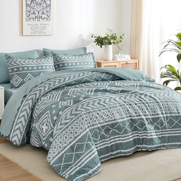 Boho Aztec Comforter Set Queen Size Grayish Blue Comforter Bedding Set 7 Piece Bed in a Bag Soft Microfiber Bohemian Striped Complete Bedding Set with Sheets for All Season