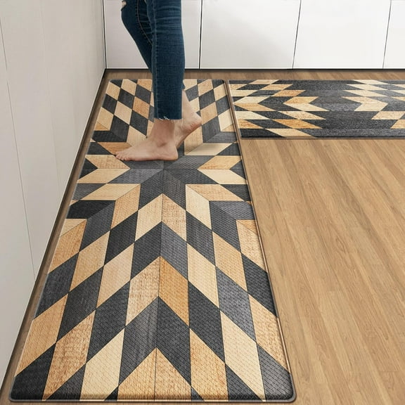 Boho Aztec Geometric Anti-Fatigue Kitchen Rug Set of 2 Retro Brown Black Farmhouse Cushioned Kitchen Floor Standing Mat Waterproof Non-Slip Kitchen Mat and Rugs PVC Ergonomic Comfort Foam Rug