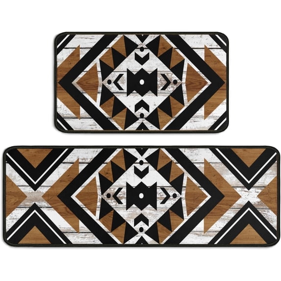 Boho Aztec Kitchen Mats Rugs Sets of 2,Western Kitchen Farmhouse Style Mat Non-Slip Washable,Western Kitchen Decor Anti-Fatigue Floor Mat for Kitchen Sink Laundry Room,17x30+17x47Inch Black