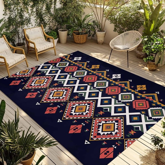 Boho Aztec Outdoor Rug 5x7 Ft - Reversible Patio Rug Outdoor Camping Rugs, Red Black Ethnic Abstract Geometric Art Washable Indoor Outdoor Area Rugs, Non-Slip Outdoor Carpet Runner for Deck/Porch
