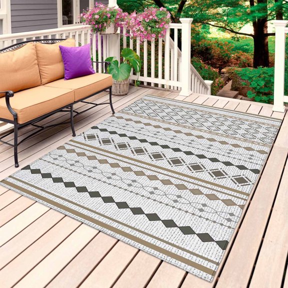 Boho Aztec Outdoor Rug 5x8 Ft, Non Slip Washable Area Rug, Ethnic Brown Strips Geometric Tribal Rustic Patio Rugs Carpet Runner, Large Floor Mat for Indoor/Outdoor Deck Porch Camping