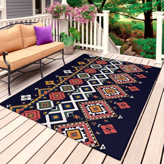 Boho Aztec Outdoor Rug 5x8 Ft, Non Slip Washable Area Rug, Red Black Ethnic Abstract Geometric Art Patio Rugs Carpet Runner, Large Floor Mat for Indoor/Outdoor Deck Porch Camping