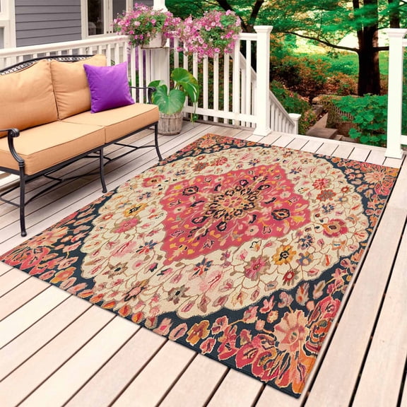 Boho Aztec Outdoor Rug 5x8 Ft, Non Slip Washable Area Rug, Southwest Ethnic Traditional Floral Motifs Patio Rugs Carpet Runner, Large Floor Mat for Indoor/Outdoor Deck Porch Camping