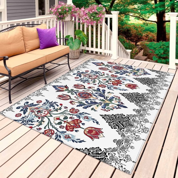 Boho Aztec Outdoor Rug 6x9 Ft, Non Slip Washable Area Rug, Ethnic Southwest Tribe Geometric Stripes Patio Rugs Carpet Runner, Large Floor Mat for Indoor/Outdoor Deck Porch Camping