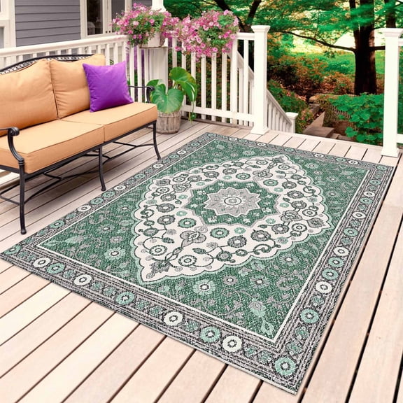 Boho Aztec Outdoor Rug 6x9 Ft, Non Slip Washable Area Rug, Green Gray Southwest Ethnic Abstract Pattern Patio Rugs Carpet Runner, Large Floor Mat for Indoor/Outdoor Deck Porch Camping