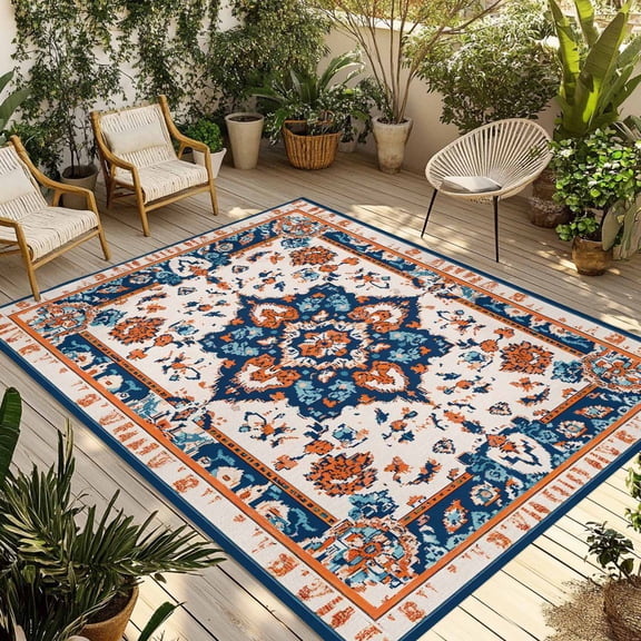 Boho Aztec Outdoor Rug 6x9 Ft - Reversible Patio Rug Outdoor Camping Rugs, Ethnic Southwest Bohemia Abstract Pattern Washable Indoor Outdoor Area Rugs, Non-Slip Outdoor Carpet Runner for Deck/Porch