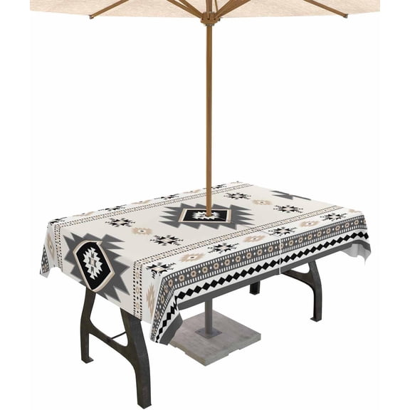 Boho Aztec Outdoor Tablecloth with Umbrella Hole Rectangle,Southwest Ethnic Geometric Farmhouse Art Waterproof Table Cloth Washable Wipeable Cover Spill Proof for Patio Spring Summer Picnic BBQ 60x84