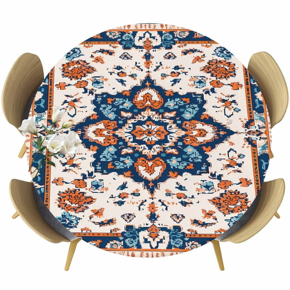 Boho Aztec Round Tablecloth 45-54 Inch Round Fitted Table Cloth with Elastic Edge, Ethnic Southwest Bohemia Abstract Pattern Waterproof Table Cover Protector for Outdoor Picnic Party Dining