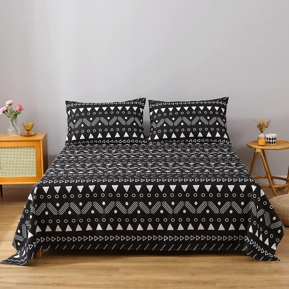 Boho Aztec Sheet Set Twin Size,Bohemian Geometric Stripe Bedding Sets for Kids Teens Adults, Simple Bed Sheet Set Soft Microfiber Sheet Set 3 Piece for Bedroom Black