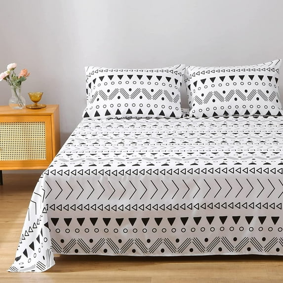 Boho Aztec Sheet Set Twin Size,Bohemian Geometric Stripe Bedding Sets for Kids Teens Adults, Simple Bed Sheet Set Soft Microfiber Sheet Set 3 Piece for Bedroom White