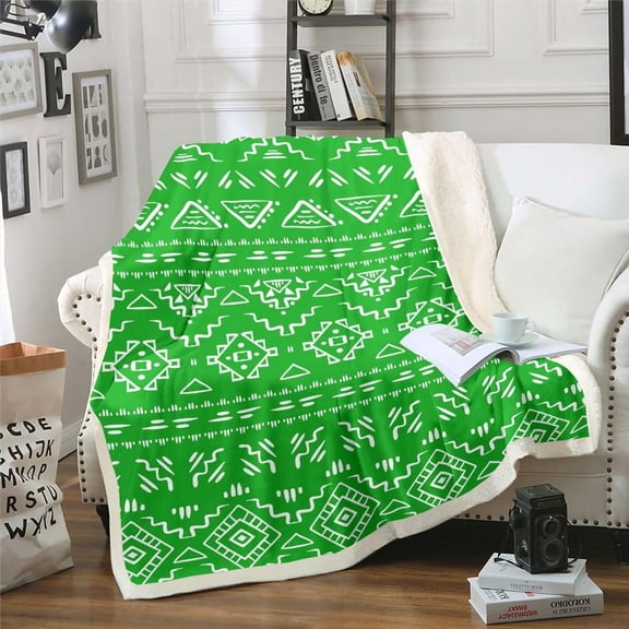 Boho Aztec Sherpa Blanket Baby 30"X40" Southwestern Ethnic Throw Blanket Exotic Tribal Bohemian Fleece Blanket Western Bedroom Decor,Moden Farmhouse Geometric Fuzzy Blanket Green White