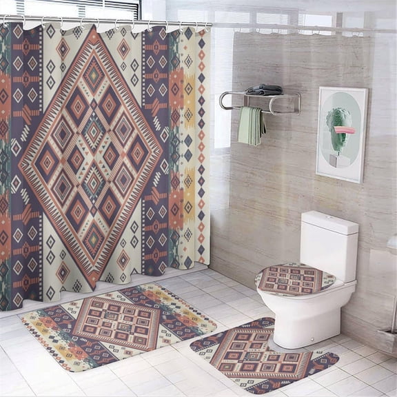 Boho Aztec Shower Curtain Set 4 Piece Tribal Geometric Native Ethnic Bathroom Decor with Non-Slip Rugs Toilet Lid Cover U Shape Mat