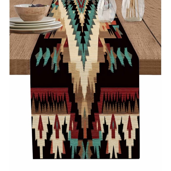 Boho Aztec Table Runner-Cotton Linen- 72 Inch Holiday Dresser Scarves, Southwestern Geometric Farmhouse Tribal Tablerunner for Kitchen Coffee/Dining Bedroom Home Living Room Dinner Scarf Décor 13x72