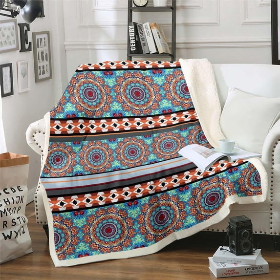 Boho Aztec Throw Blanket for Couch Hippie Mandala Fleece Blanket, Persian Floral Sherpa Blanket Native Indian American Blanket, Geometric Tribal Ethnic Bed Blanket Lightweight