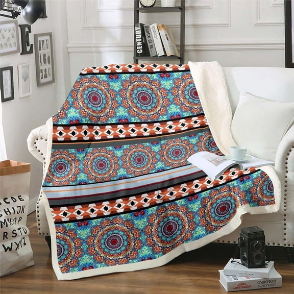 Boho Aztec Throw Blanket for Couch Hippie Mandala Fleece Blanket, Persian Floral Sherpa Blanket Native Indian American Blanket, Geometric Tribal Ethnic Bed Blanket Lightweight