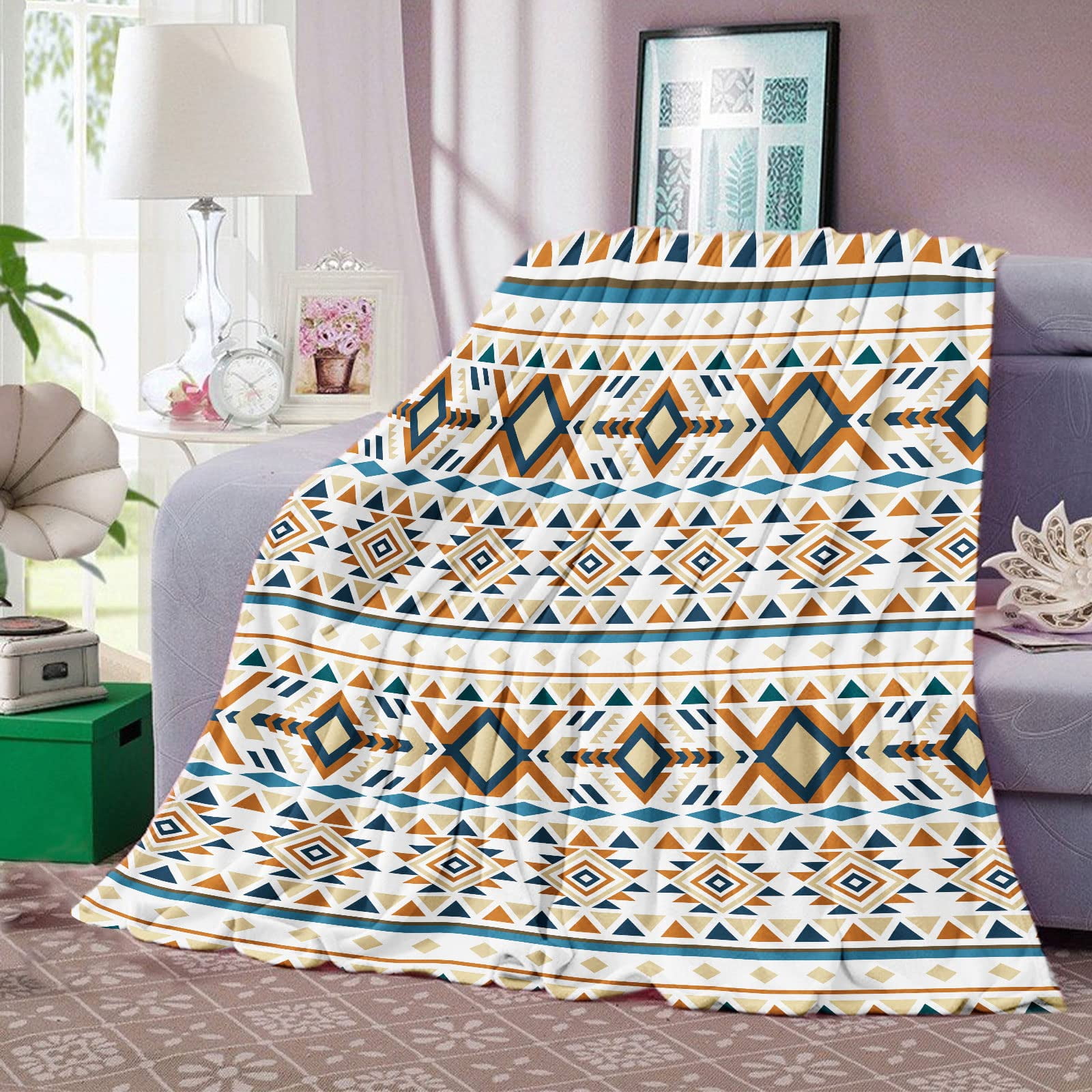 Boho Aztec Throw Blanket, Cozy Beige Tribal Blanket, Soft Flannel Tan ...