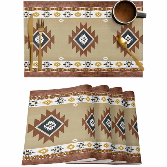 Boho Aztec Tribal Totem Ethnic Style Placemats Set of 4,Wipeable Washable Table Mats for Dining Tables,Retro Brown Wood Board Place Mats for Kitchen Event Party Tabletop Decor