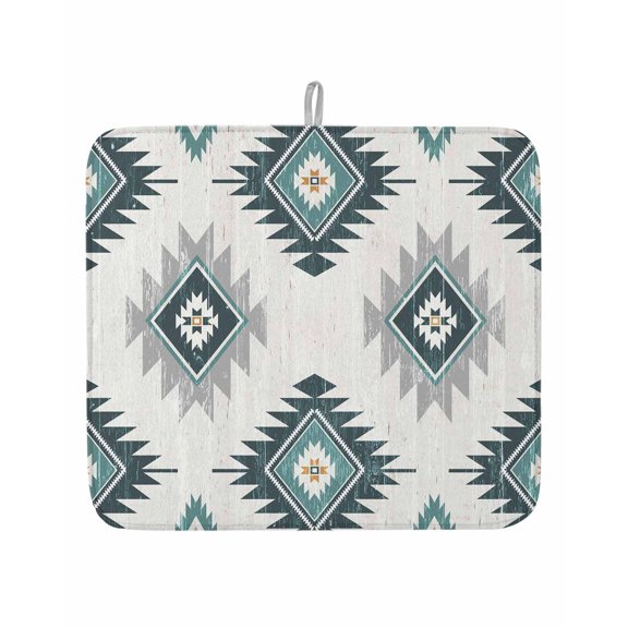 Boho Aztec Turquoise Geometric Dish Drying Mats for Kitchen Counter,Absorbent Microfiber Dish Drainer Rack Mat Southwest Tribal Style Drying Pad for Sinks,Utensils,Countertops,16x18in