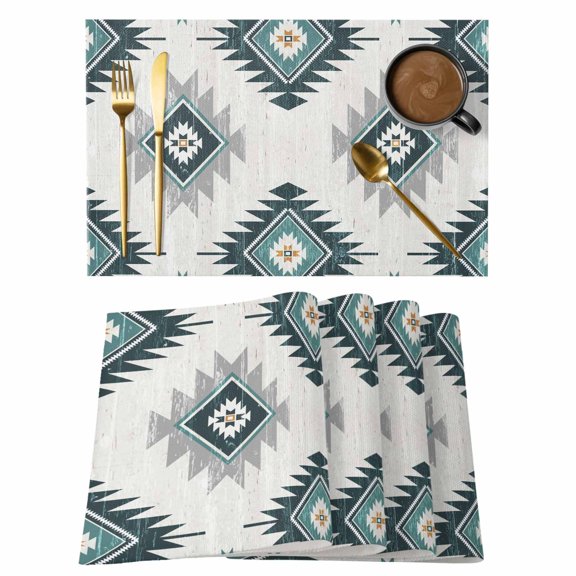 Boho Aztec Turquoise Geometric Placemats Set of 6,Wipeable Washable Table Mats for Dining Tables, Southwest Tribal Style Place Mats for Kitchen Event Party Tabletop Decor