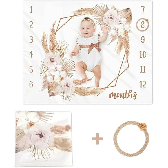 Boho Baby Milestone Monthly Blanket Spring Floral Neutral Baby Nursery Growth Gender Reveal Present Photo Props Little Boy Girl Bohemian Blanket Expecting Mom Gift Idea