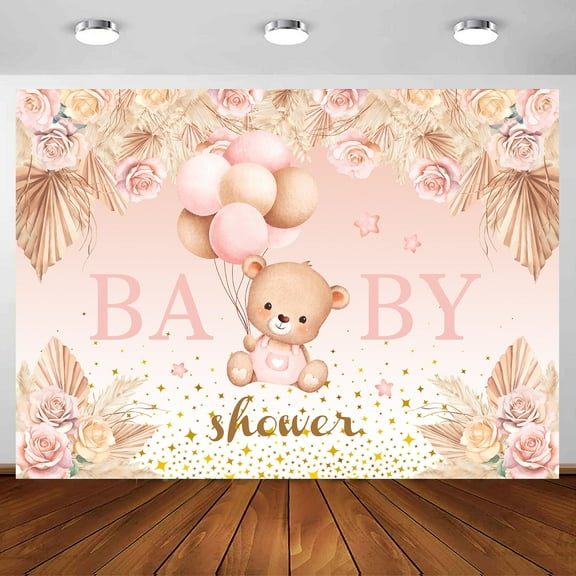 Boho Baby Shower Backdrop 5 x 3 ft Cartoon Bear Balloon Photography Backdrop, Pink Bohemian Pampas Flower Grass Background for Girls Newborn Baby Shower Gender Reveal Photo Props Decoration Supplies