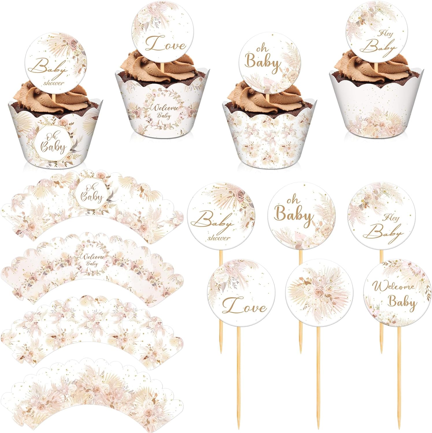 Boho Baby Shower Cupcake Toppers and Wrappers Set 72pcs Gender Reveal