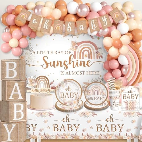 Boho Baby Shower Decorations, A Little Ray of Sunshine Party Banner Boho Rainbow Balloon Arch Paper Plates and Napkins Set Floral Its a Girl Neutral Baby Shower Gender Reveal Party Decorations