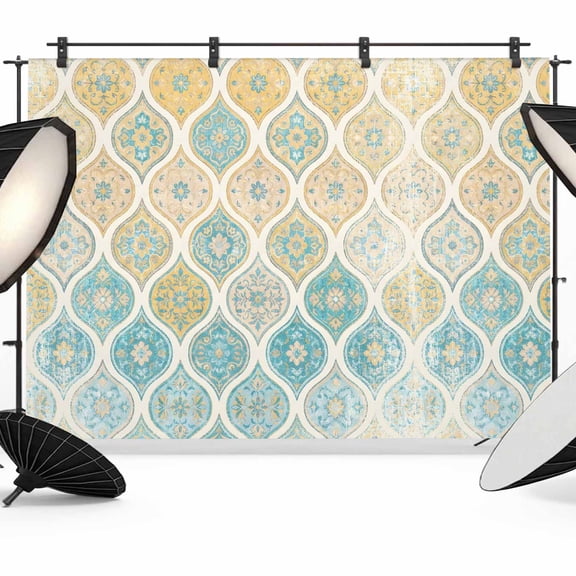 Boho Backdrop for Photography, Moroccan Trellis Yellow Argyle Geometric Flower Texture Photo Backdrop Portrait Background Party Banner Photo Backgrounds for Studio Booth Props, 7x5ft