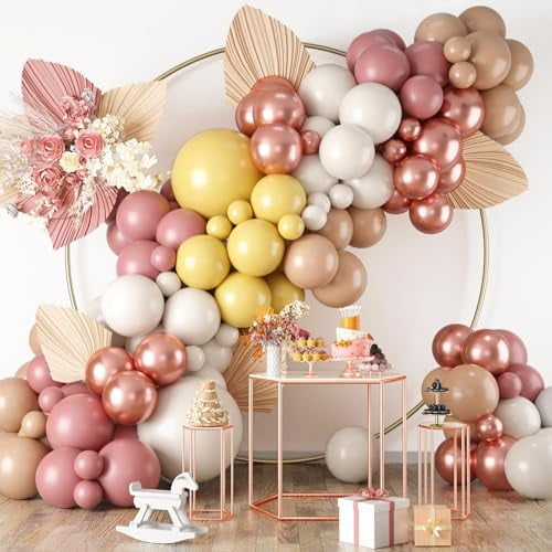 Boho Balloon Arch Kit,122Pcs Dusty Pink Mustard Yellow Metallic Rose Gold Apricot Nude Pastel Balloons for Boho Bridal Wedding Fall Baby Shower Engagement Anniversary Birthday Party Decorations
